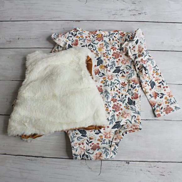 Tahari Baby Girl's Bodysuit Top Faux Fur Vest Pants Headband Set - Picture 6 of 7